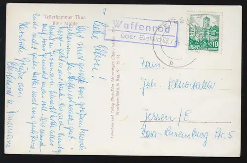 Landpost-Stempel Waffenrod über EISFELD 8.7.1960 auf AK Tellerhammer Rote Mühle