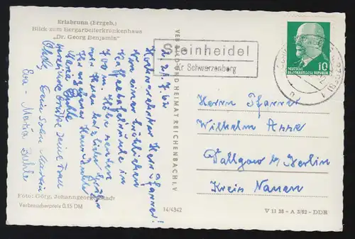 Landpost-Stempel Steinheidel Kreis SCHWARZENBERG 23.7.1962 auf AK Erlabrunn