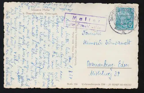Landpost-Stempel Malter über DIPPOLDISWALDE 3.9.1957 auf AK Talsperre Malter