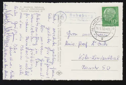Le temple de la poste de Landpost Sababurg sur Hofgeismar 16.5.58 sur AK Le Sababbourg