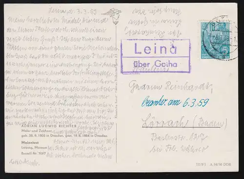 Lena, temple de Landpost, sur GOTHA 3.3.59 sur AK Adrian Ludwig Richter: Mainelust