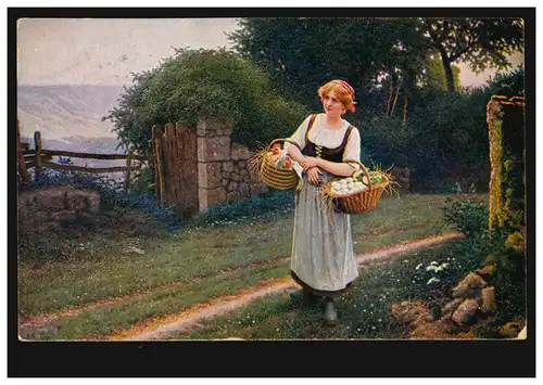 AK Agriculture: C Ballinger La petite fille paysanne avec des poules et des œufs dans le panier