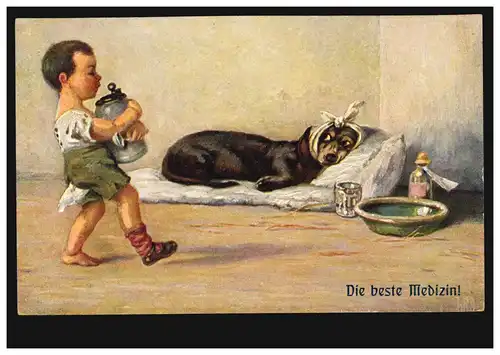 Animaux-AK Le chien malade: le meilleur médicament! Garçon avec la cruche de bière, inutile