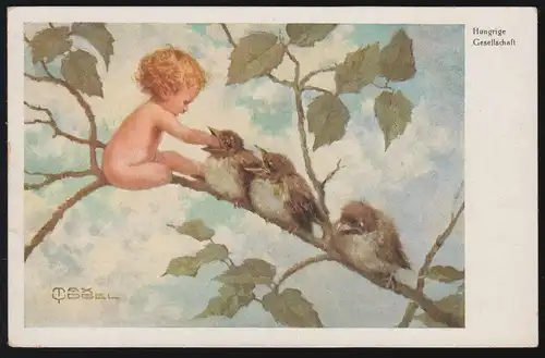 Tiere-AK Max Vogel: Hungrige Gesellschaft - Kind mit Spatzen, beschriftet 1936