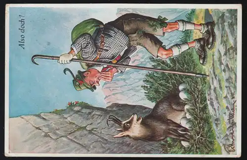 Humor-AK Tiere: Also doch? Gemse legt Eier, BAD REICHENHALL 12.4.1937