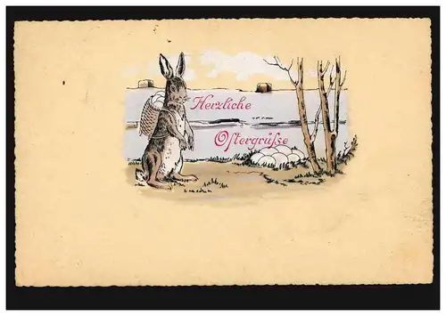 AK Ostern: Vermenschlichte Tiere Hase mit Tragekorb voller Eier, KLEINOW 13.4.14
