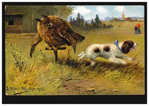 Animaux A. Müller: hibou et chien, édition C.B.St. 9302, inutilisé vers 1910