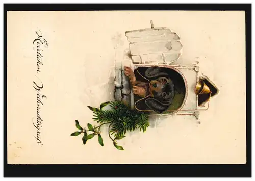 Animaux-AK Cabane de chien avec cloche de tacle Branche de Noël, BERLIN 24.12.1927