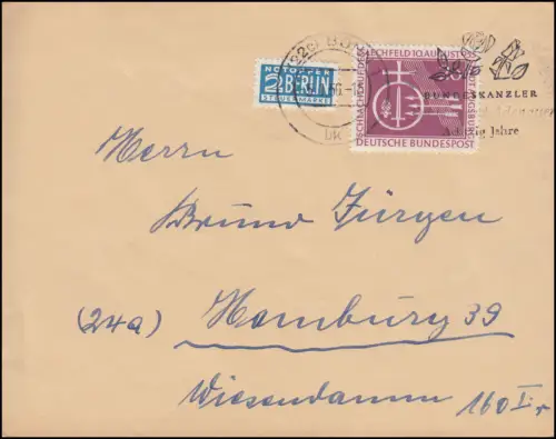 216 Schlacht auf dem Lechfeld mit Notopfer EF auf Brief Bonn Adenauer 5.1.1956