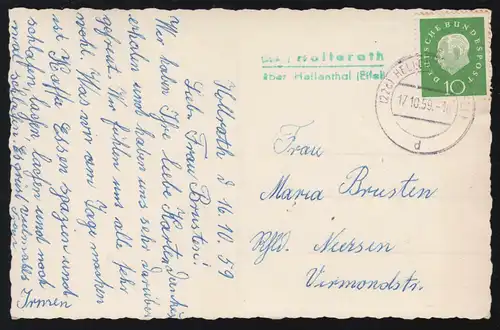 Landpost-Stempel Hollerath über HELLENTHAL (EIFEL) 17.10.1959 auf AK Ortseingang