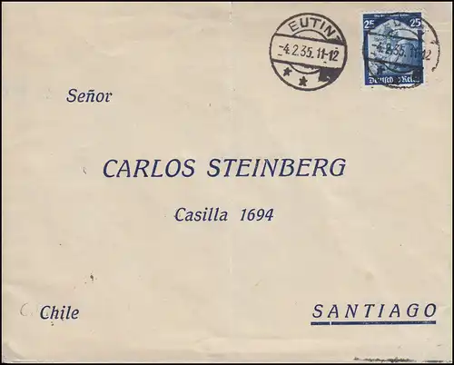 568 Vote en Sarre 25 Pf en tant qu'EF sur lettre extérieure EUTIN 4.2.35 au Chili