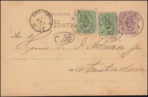 Postkarte P 10 mit Zusatzfr. 39 aus BERLIN 53 - 9.5.1880 nach AMSTERDAM 10.5.80