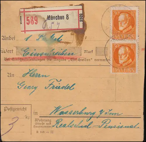 99A Ludwig 30 Pf Paar auf Paketkarte MÜNCHEN 8 - 24.10.1918 nach Wasserburg/Inn