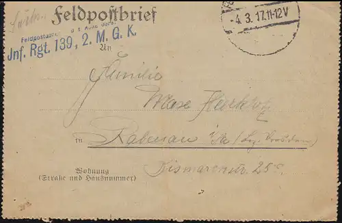 Poste de terrain BS Inf.-Regt. 139 2. Compagnie MG Lettre 4.3.1917 à Rabenau/Saxe