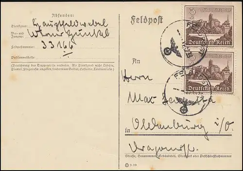 Feldpost Postfach 33166 Postkarte mit 730 MeF entwertet mit FELDPOST 12.12.1939