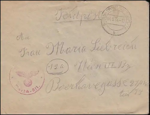 Feldpost BS Marsch-Bataillion Brief BITSCH-TRUPPENÜBUNGSPKATZ 4.5.1944 nach Wien