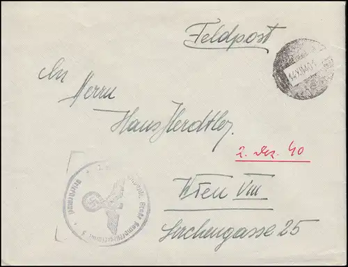 Feldpost Grande école de pilote de combat Lettre timbre distinctif 14.12.1940 n. Vienne