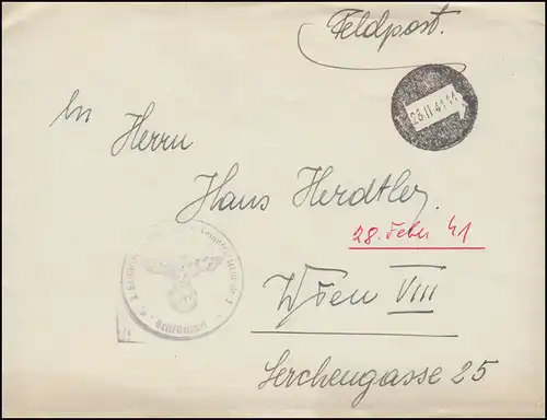 Feldpost Kampffliegerschule Lettre timbre distinctif 28.2.1941 vers Vienne VIII