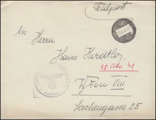 Feldpost Kampffliegerschule Lettre timbre distinctif 28.2.1941 vers Vienne VIII