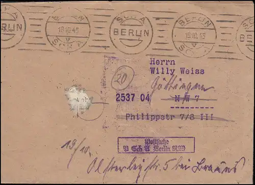 Affaire postale Postcheckamt Berlin NW Lieut-Brief BERLIN SCHA 18.10.1945