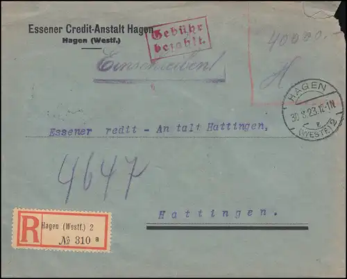 Gebühr-Bezahlt-Stempel auf R-Brief HAGEN / WESTF. 30.8.1923 nach HATTINGEN 31.8.