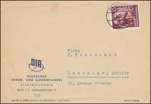 350 Karl Marx 35 Pf en tant qu'EF sur lettre étrangère BERLIN 18.8.1954 en Suisse