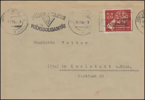 275 Volkswahlen EF auf Brief LEIPZIG Volkssolidarität 11.11.50 nach Karlstadt
