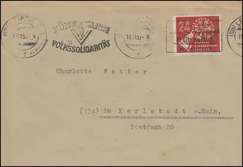 275 élections populaires EF sur lettre LEIPZIG solidarité populaire 11.11.50 vers Karlstadt