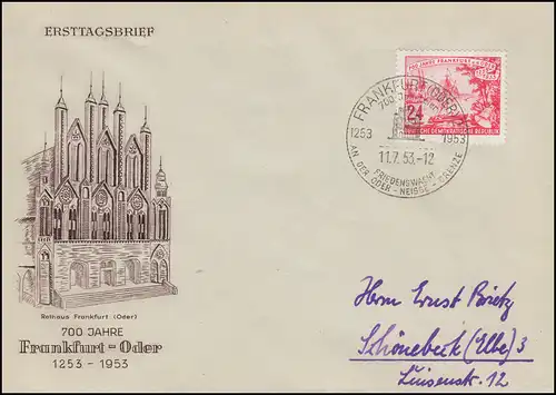 360 Frankfurt/Oder EF auf Schmuck-Brief zur 700-Jahrfeier passender SSt 11.7.53