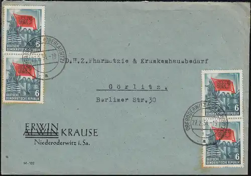 344 Karl Marx 6 Pf MeF sur lettre BERODERWITZ (SIETTE DE LA BOURSE) 27.2.54 à Görlitz