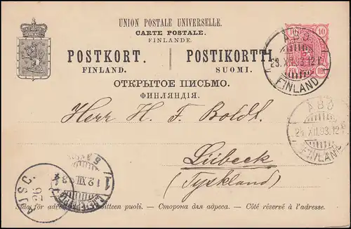 Finlande Carte postale P 23 de ABO / FINLAND 23.12.1893 vers LÜBECK 26.12.93