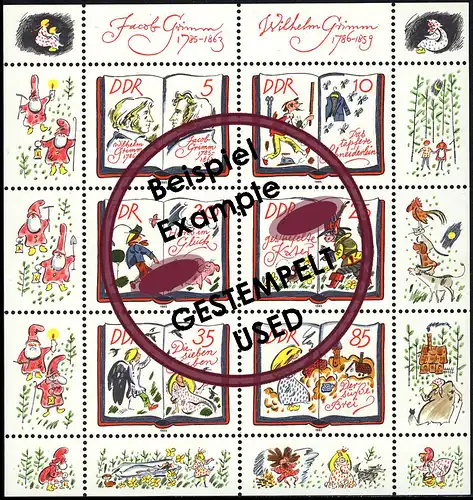 2987-2992 Märchen-Kleinbogen Grimm 1985, Tagesstempel