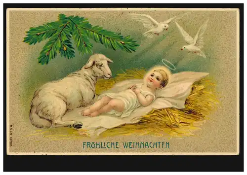 Carte de pré-plant animaux: enfant du Christ avec agneau et pigeon, HAMBURG 24.12.1911
