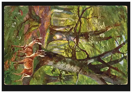 Künstler-AK Splitgerber: Tiere - Rehbock und Reh im Wald, DINSLAKEN 14.8.1911
