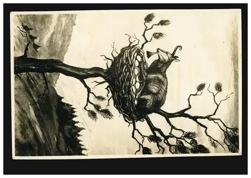 Humor-AK Die Gemse - brütend im Nest auf dem Baum, ungebraucht, um 1920