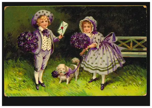 Prägekarte Tiere: Kinder in violetter Kleidung Hund Blumen, GRONINGEN 29.7.1911