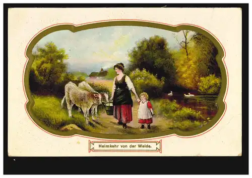 Prägekarte Tiere: Heimkehr von der Weide Rinder Kühe Enten, 29.5.1910
