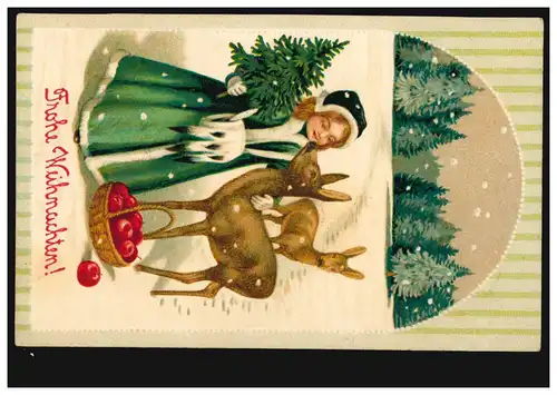Carte de pré-plant animaux: Deux cerfs avec des filles dans la neige, par voie ferroviaire 24.12.1917