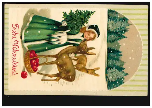 Prägekarte Tiere: Zwei Rehe mit Mädchen im Schnee, per Bahnpost 24.12.1917