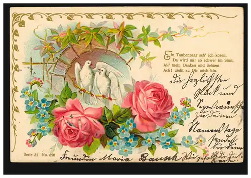 Prägekarte Tiere: Taubenpaar mit Rosen, WILLICH 15.12.1902 nach VORST 16.12.02