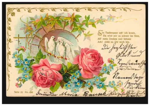 Prägekarte Tiere: Taubenpaar mit Rosen, WILLICH 15.12.1902 nach VORST 16.12.02
