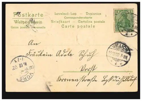 Prägekarte Tiere: Taubenpaar mit Rosen, WILLICH 15.12.1902 nach VORST 16.12.02