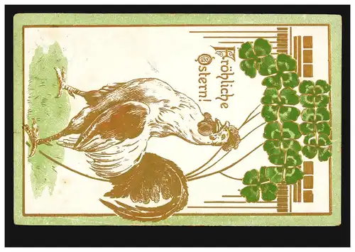 Carte de pré-plant Animaux: Le coq avec la trèfle chanceuse à Pâques, CREFELD 3.4.1915 par avance