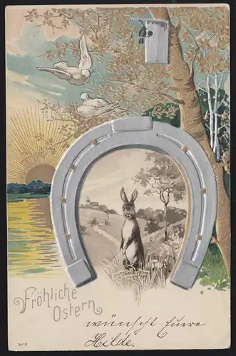 Carte de pré-plant animaux: paire de pigeons avec fer à cheval et lapin à Pâques, Essen 1906