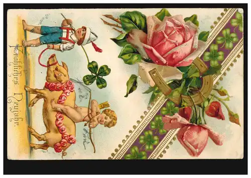 Carte de pré-plant animaux: Amor avec flèche monte sur le porc chanceux, FRIEDBERG 19.1.1909