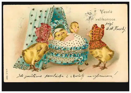 Prägekarte Vermenschlichte Tiere: Küken am Kinderbett, um 1910