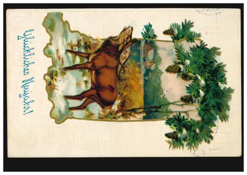 Prägekarte Tiere: Röhrender Hirsch in Winterlandschaft, BRAUNSCHWEIG 1.1.1915