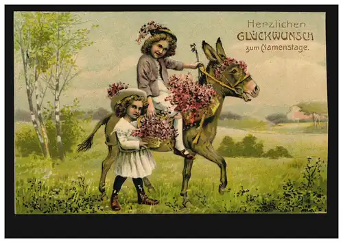 Prägekarte Tiere: Zwei Kinder mit Esel und Blumen, KEMPEN (RHEIN) 25.11.1909