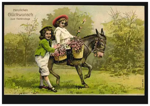 Carte de pré-plant Animaux: Enfants avec âne et fleurs, KEMPEN (RHEIN) 16.12.1909