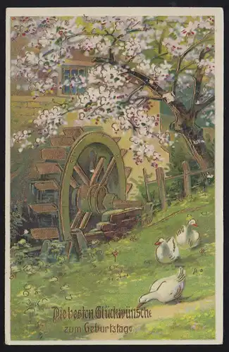 Prägekarte Tiere: Wassermühle und Gänse, vergoldet, beschriftet, um 1910